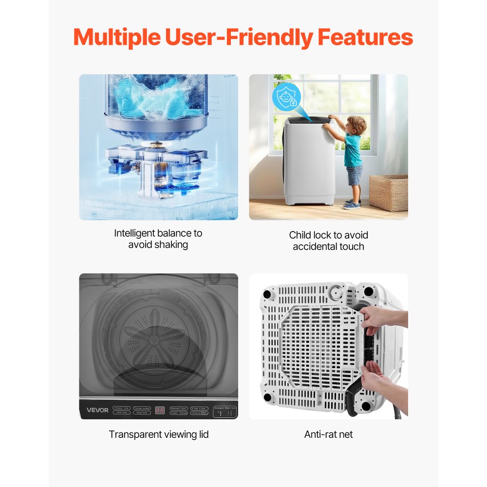 VEVOR Portable Washing Machine, Portable Washer 1.3 cu.ft with LED Display, Stainless Steel Drum, 8 Wash Programs & 6 Adjustable Water Levels, Portable Washer Machine for Apartments, RVs, and Dorms