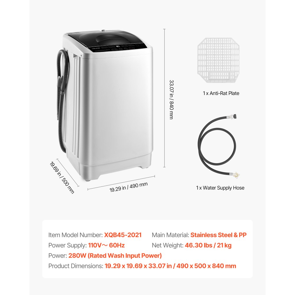 VEVOR Portable Washing Machine, Portable Washer 1.3 cu.ft with LED Display, Stainless Steel Drum, 8 Wash Programs & 6 Adjustable Water Levels, Portable Washer Machine for Apartments, RVs, and Dorms