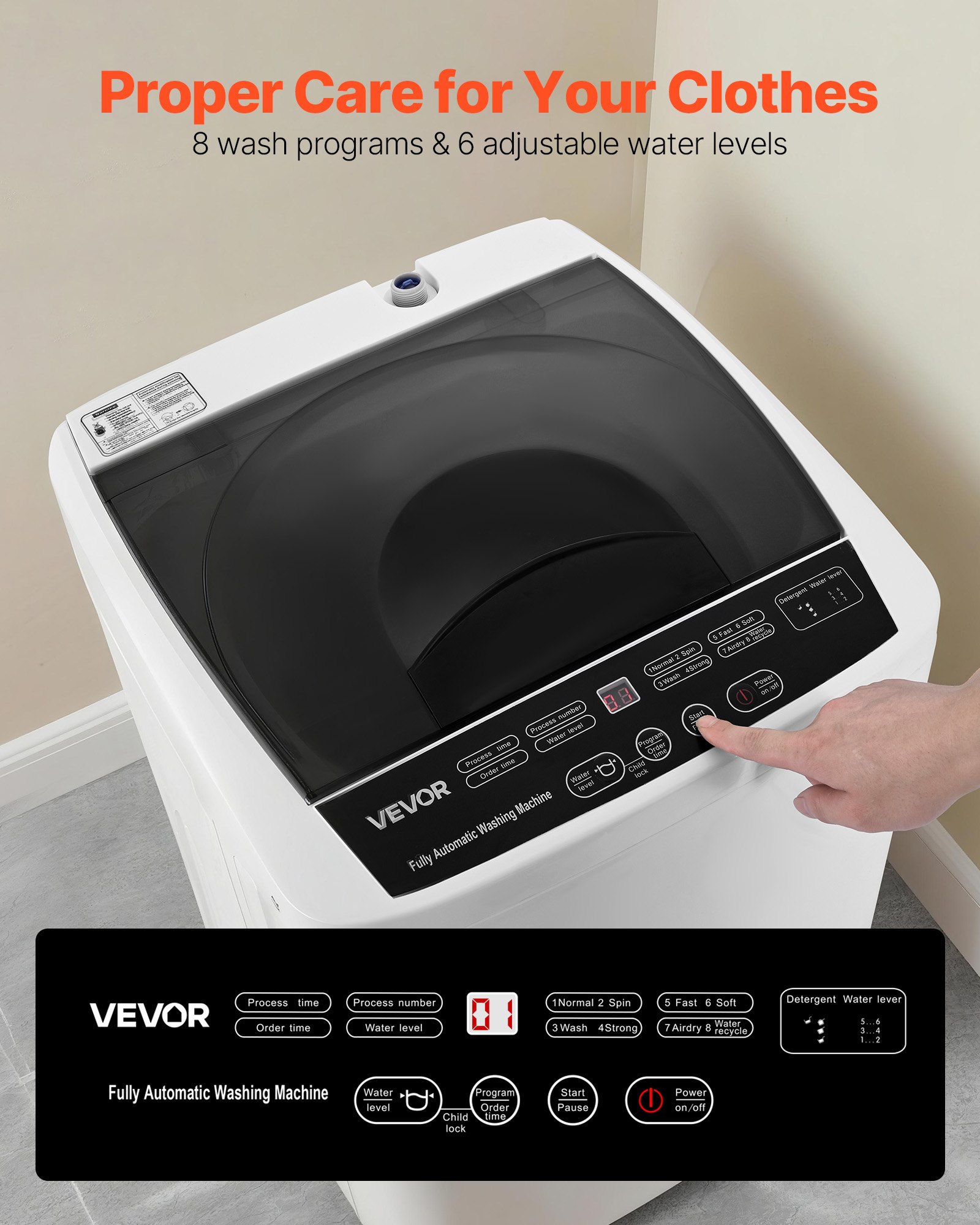 VEVOR Portable Washing Machine, Portable Washer 1.3 cu.ft with LED Display, Stainless Steel Drum, 8 Wash Programs & 6 Adjustable Water Levels, Portable Washer Machine for Apartments, RVs, and Dorms