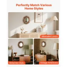 VEVOR Wall Mirror Decorative, 12-inch Rustic Wood Wall Decor Mirror, Boho Sunburst Aesthetic Mirrors for Bedroom Living Room Bathroom Entryway - Warming Gifts for New Home (Carbonized Black)