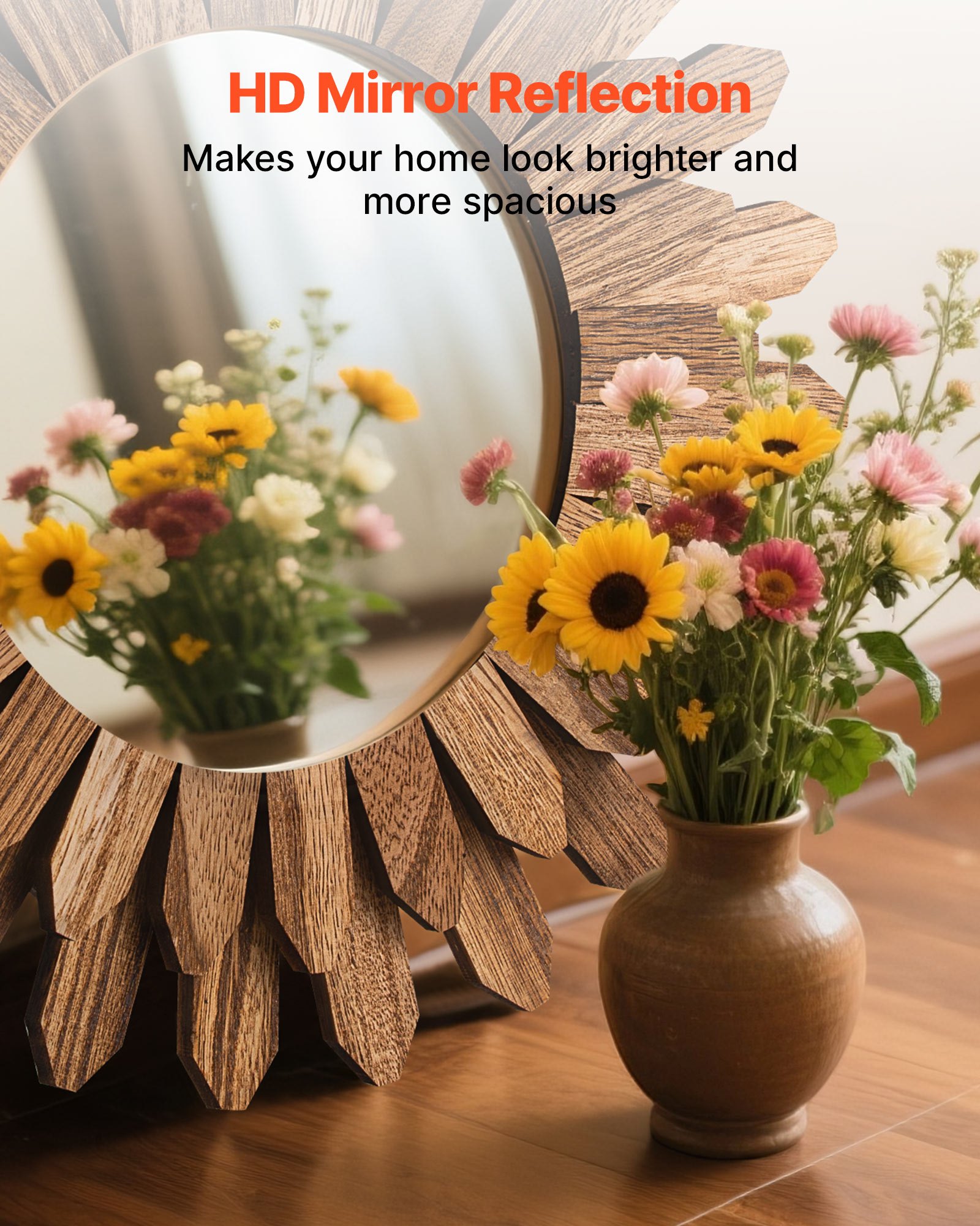 VEVOR Wall Mirror Decorative, 12-inch Rustic Wood Wall Decor Mirror, Boho Sunburst Aesthetic Mirrors for Bedroom Living Room Bathroom Entryway - Warming Gifts for New Home (Carbonized Black)