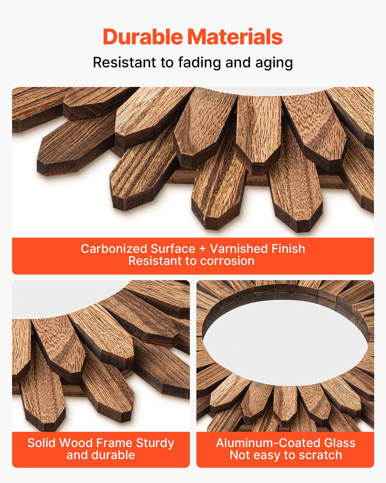 VEVOR Wall Mirror Decorative, 12-inch Rustic Wood Wall Decor Mirror, Boho Sunburst Aesthetic Mirrors for Bedroom Living Room Bathroom Entryway - Warming Gifts for New Home (Carbonized Black)
