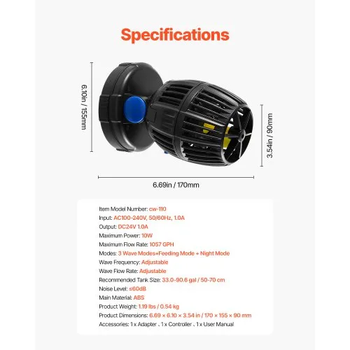 6W 1056GPH Aquarium Wave Maker Pump, 360 Adjustable, 20-60 Gal, Magnet Suction