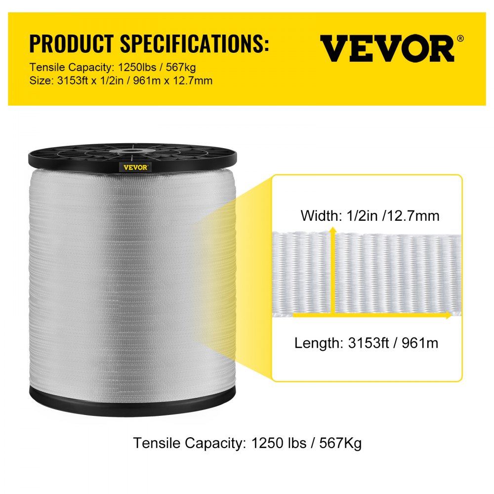 VEVOR 567kg Polyester Pull Tape, 12.7mm x 961m Flat Tape for Wire & Cable Conduit Work Variable Functions, Flat Rope for Pulling/Loading/Packing in Any Weather CONDITON