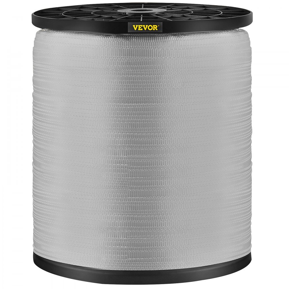 large spool of white VEVOR polyester pull tape with black top and base.