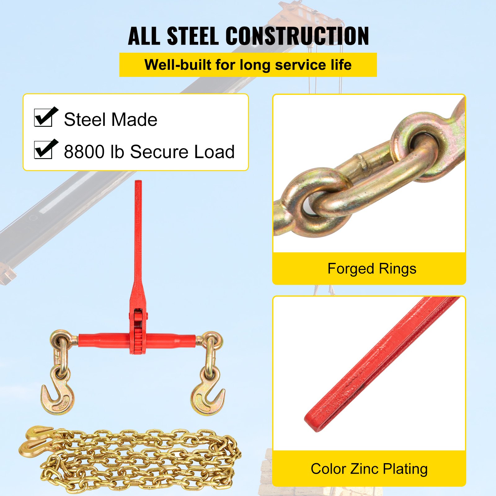 VEVOR Chain Load Binder, 5/16"-3/8" Tie Down Kit w/ 8800LBS Working Load Capacity & Two Grab Hooks, Includes (2) Ratchet Binders - (2) 21' Grade 80 Chains, Transport Load Package for Hauling, Towing