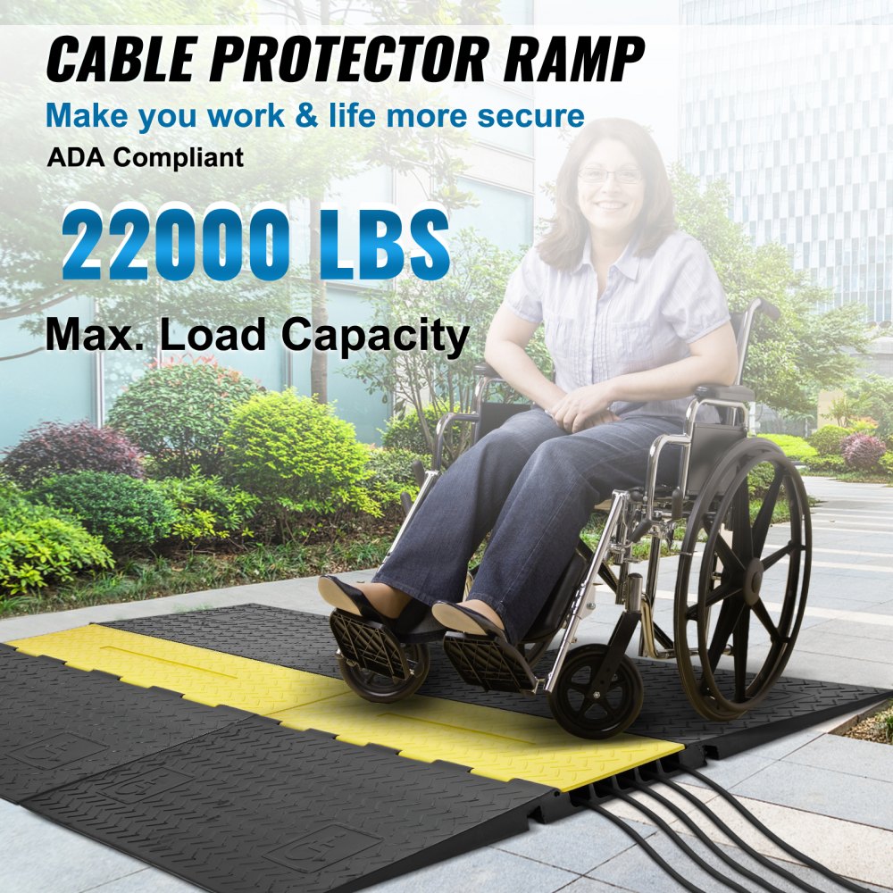 VEVOR Rubber Cable Guard, 5-Channel, 22000 lbs per Axle Load Capacity, Durable Cord Protection Ramp with Hinged Lid for Driveway, Speed Control, and Accessibility Compliance for Both Indoor & Outdo