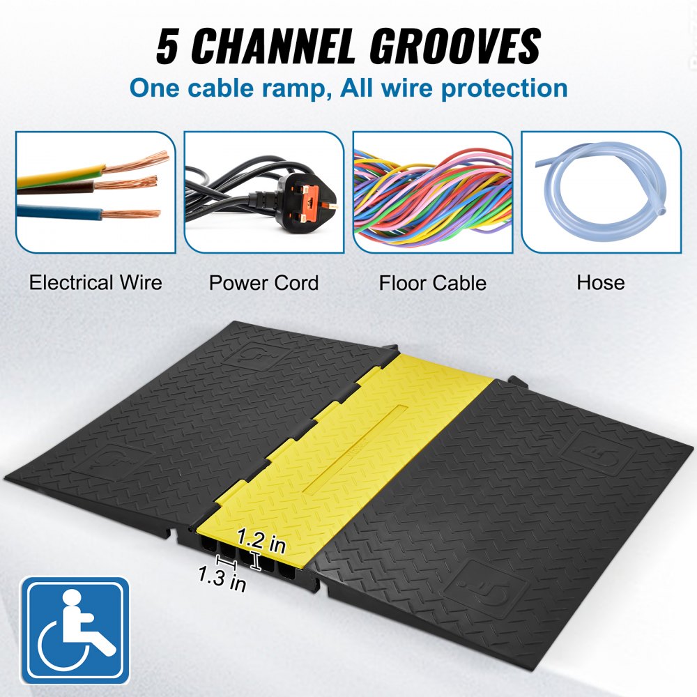 VEVOR Rubber Cable Guard, 5-Channel, 22000 lbs per Axle Load Capacity, Durable Cord Protection Ramp with Hinged Lid for Driveway, Speed Control, and Accessibility Compliance for Both Indoor & Outdo