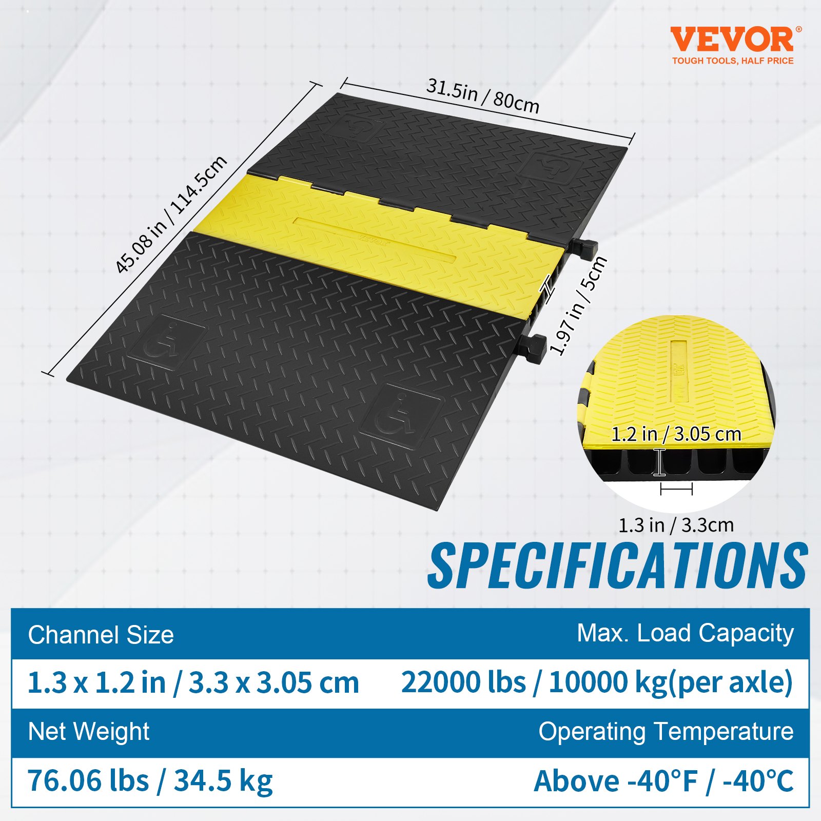 VEVOR cable protector ramp dimensions, load capacity, weight, and operating temperature specifications