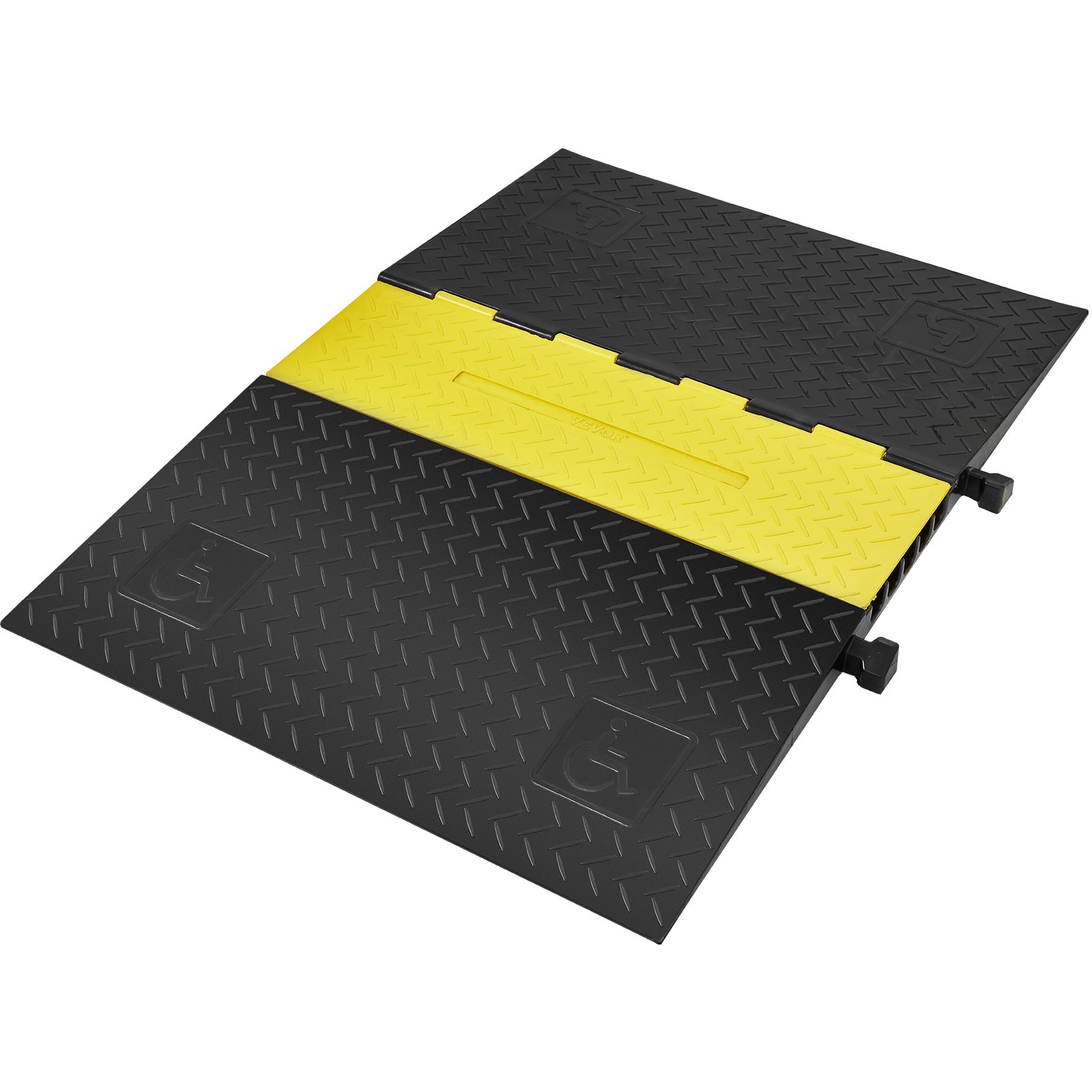 black and yellow VEVOR cable protector ramp with textured surface and wheelchair symbols.