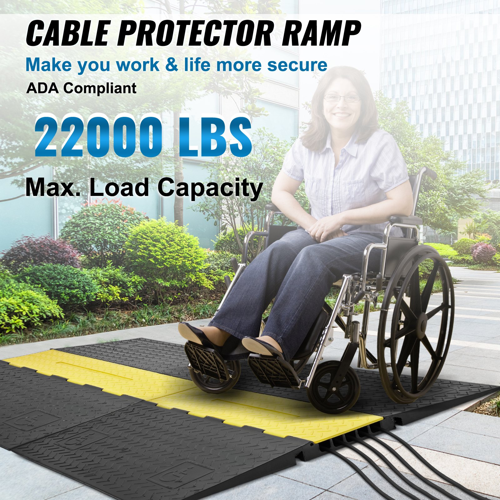 VEVOR Rubber Cable Guard, 5-Channel, 22000 lbs per Axle Load Capacity, Durable Cord Protection Ramp with Hinged Lid for Driveway, Speed Control, and Accessibility Compliance for Both Indoor & Outdo