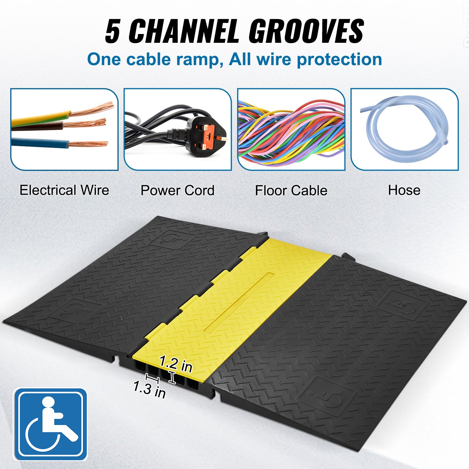 VEVOR Rubber Cable Guard, 5-Channel, 22000 lbs per Axle Load Capacity, Durable Cord Protection Ramp with Hinged Lid for Driveway, Speed Control, and Accessibility Compliance for Both Indoor & Outdo