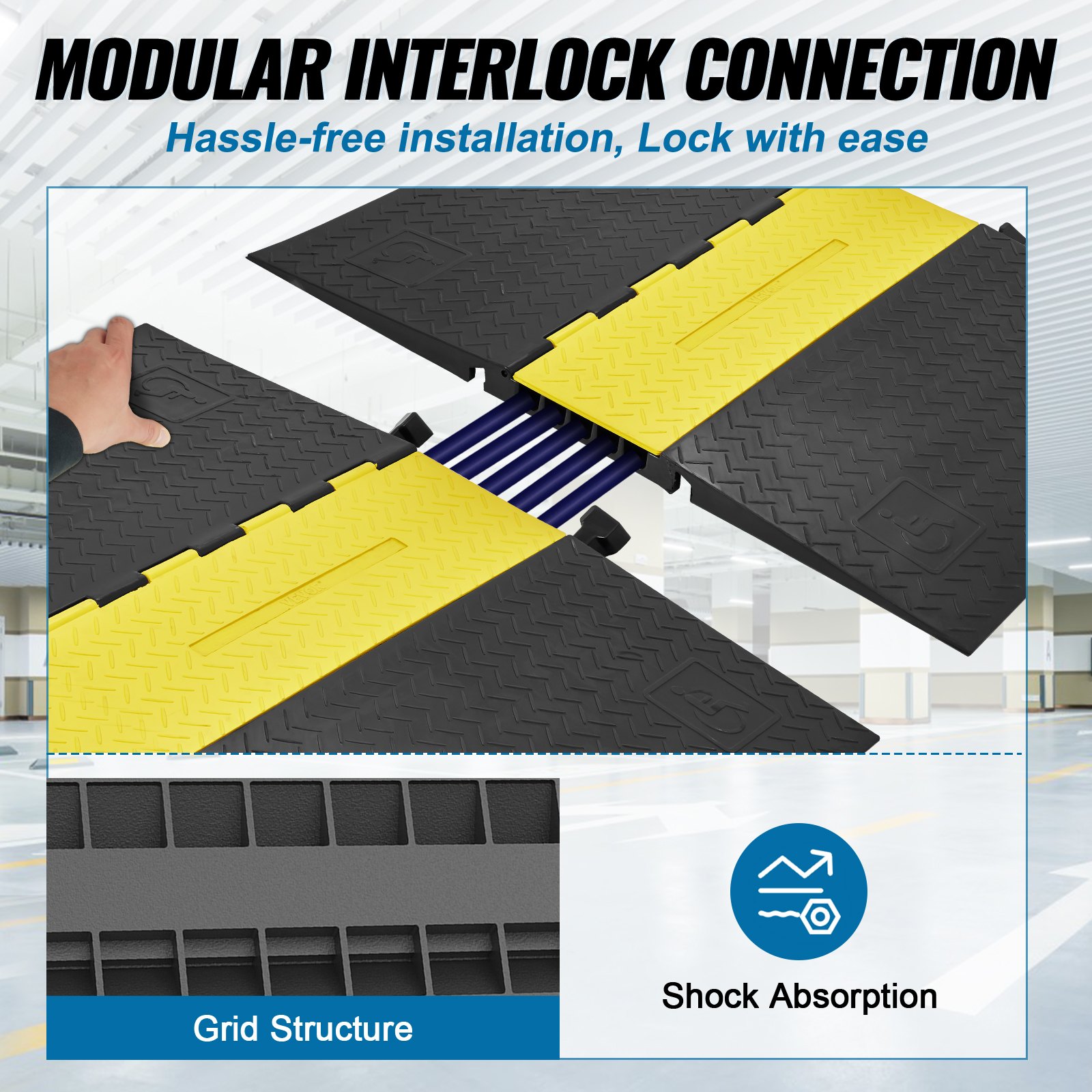 VEVOR Rubber Cable Guard, 5-Channel, 22000 lbs per Axle Load Capacity, Durable Cord Protection Ramp with Hinged Lid for Driveway, Speed Control, and Accessibility Compliance for Both Indoor & Outdo