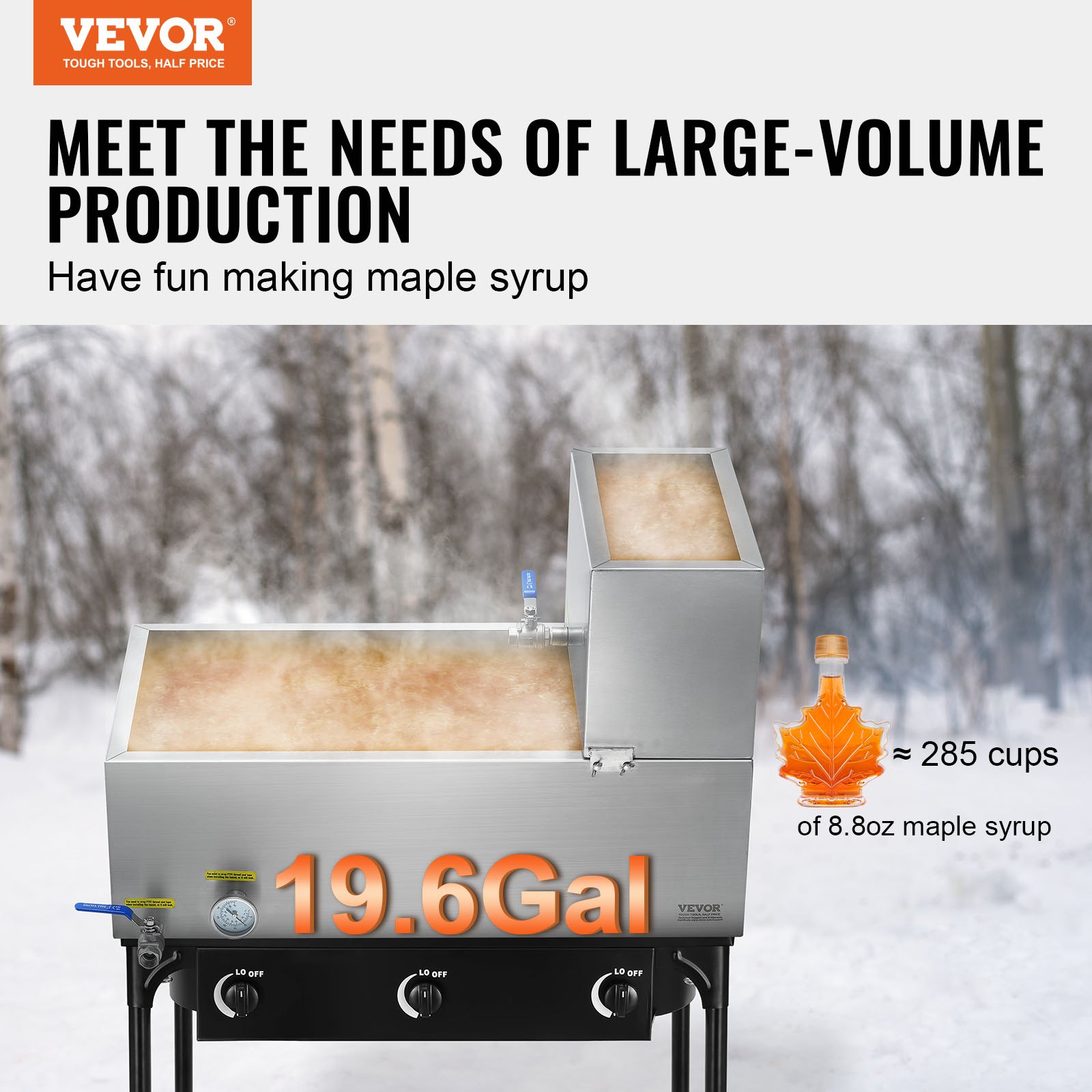 VEVOR Maple Syrup Evaporator Pan, 19.6 Gallon, 285 Cups of 8.8oz Maple Syrup, Flat Evaporator Pan with Thermometer, 2 Valves and 3 Heating Methods, 304 Stainless Steel Maple Syrup Pan for Home, Outdoor