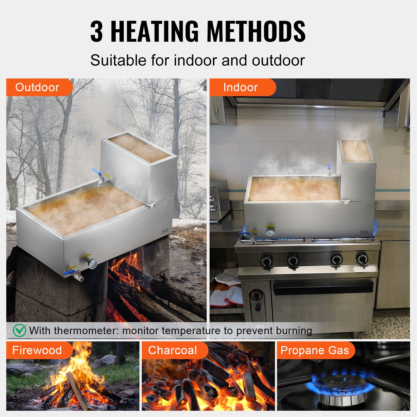 VEVOR Maple Syrup Evaporator Pan, 19.6 Gallon, 285 Cups of 8.8oz Maple Syrup, Flat Evaporator Pan with Thermometer, 2 Valves and 3 Heating Methods, 304 Stainless Steel Maple Syrup Pan for Home, Outdoor