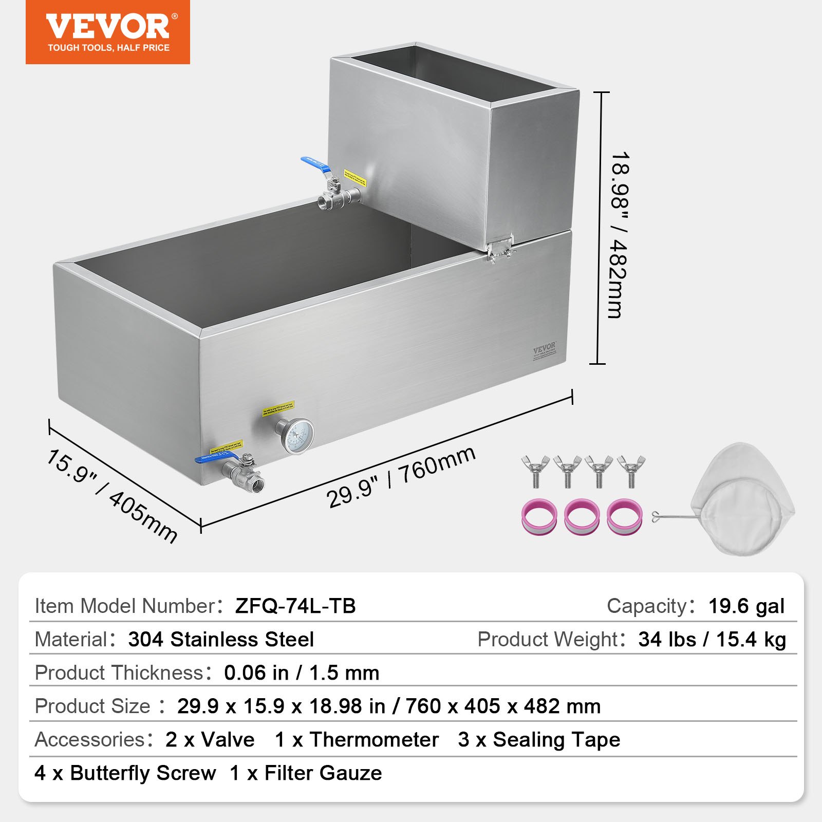 VEVOR Maple Syrup Evaporator Pan, 19.6 Gallon, 285 Cups of 8.8oz Maple Syrup, Flat Evaporator Pan with Thermometer, 2 Valves and 3 Heating Methods, 304 Stainless Steel Maple Syrup Pan for Home, Outdoor