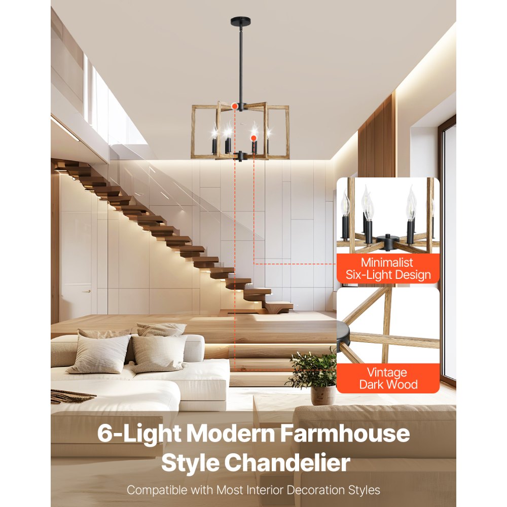 VEVOR 6-Light Chandelier, Metal Farmhouse Chandelier, Adjustable Height, Dining Room Hanging Light Fixture for Ceilings, Modern Chandelier for Bedroom, Foyer, Hall, Kitchen, Living Room and Entryway