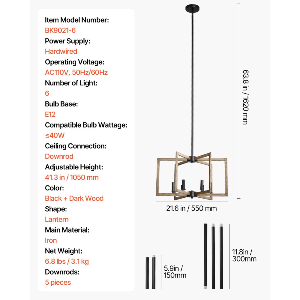 VEVOR 6-Light Chandelier, Metal Farmhouse Chandelier, Adjustable Height, Dining Room Hanging Light Fixture for Ceilings, Modern Chandelier for Bedroom, Foyer, Hall, Kitchen, Living Room and Entryway