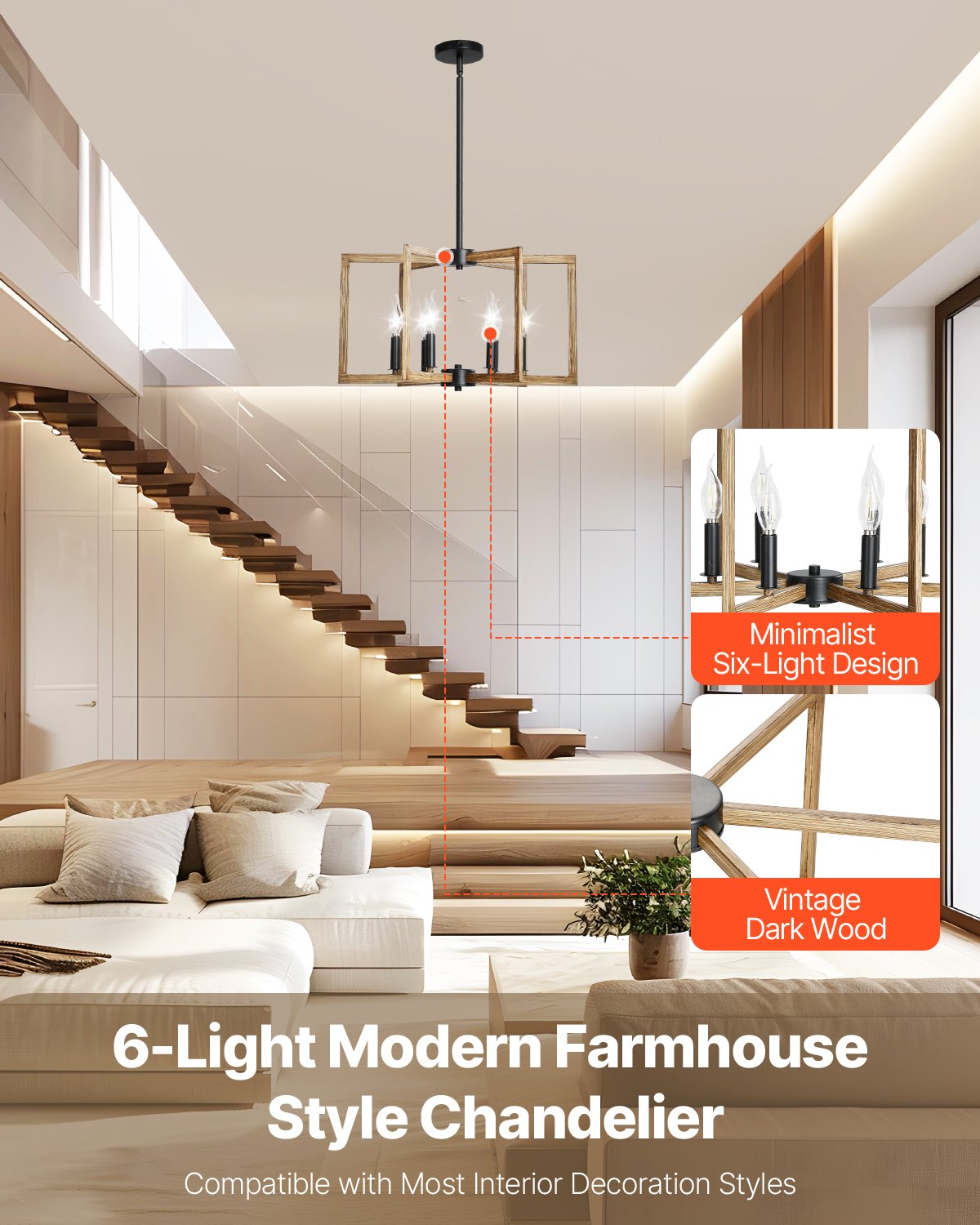 VEVOR 6-Light Chandelier, Metal Farmhouse Chandelier, Adjustable Height, Dining Room Hanging Light Fixture for Ceilings, Modern Chandelier for Bedroom, Foyer, Hall, Kitchen, Living Room and Entryway