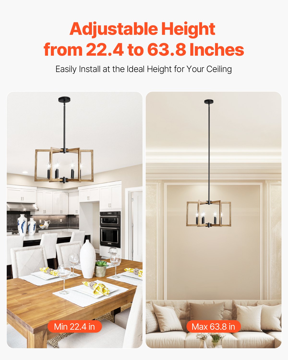 VEVOR 6-Light Chandelier, Metal Farmhouse Chandelier, Adjustable Height, Dining Room Hanging Light Fixture for Ceilings, Modern Chandelier for Bedroom, Foyer, Hall, Kitchen, Living Room and Entryway