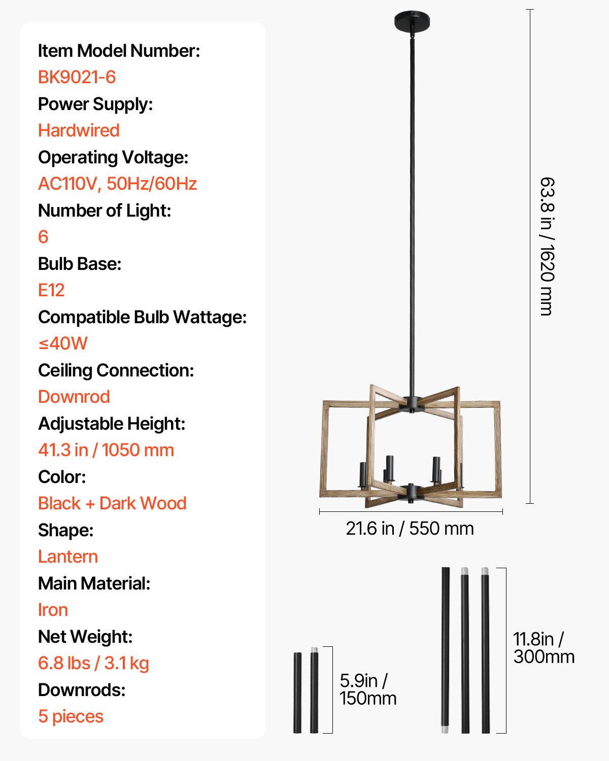 VEVOR 6-Light Chandelier, Metal Farmhouse Chandelier, Adjustable Height, Dining Room Hanging Light Fixture for Ceilings, Modern Chandelier for Bedroom, Foyer, Hall, Kitchen, Living Room and Entryway