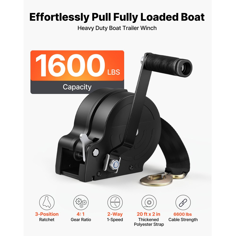 VEVOR Boat Winch, 726 kg Hand Winch, Heavy Duty Manual Rope Crank with 6.1m Orange Polyester Strap, Portable Two-Way Ratchet, 2 Speed Switchable, Anti-Slip Handle Gear for Boat Trailer ATV Towing