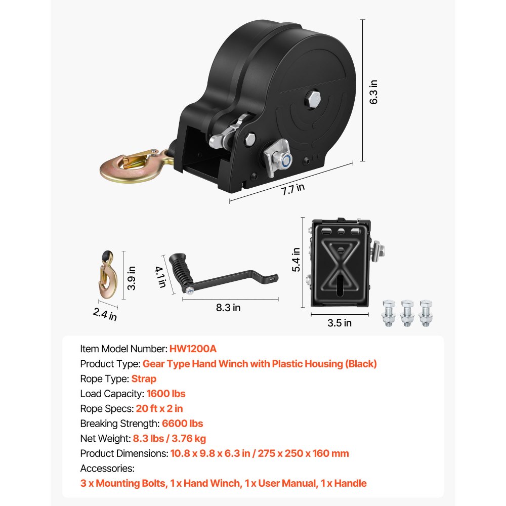 VEVOR Boat Winch, 726 kg Hand Winch, Heavy Duty Manual Rope Crank with 6.1m Orange Polyester Strap, Portable Two-Way Ratchet, 2 Speed Switchable, Anti-Slip Handle Gear for Boat Trailer ATV Towing