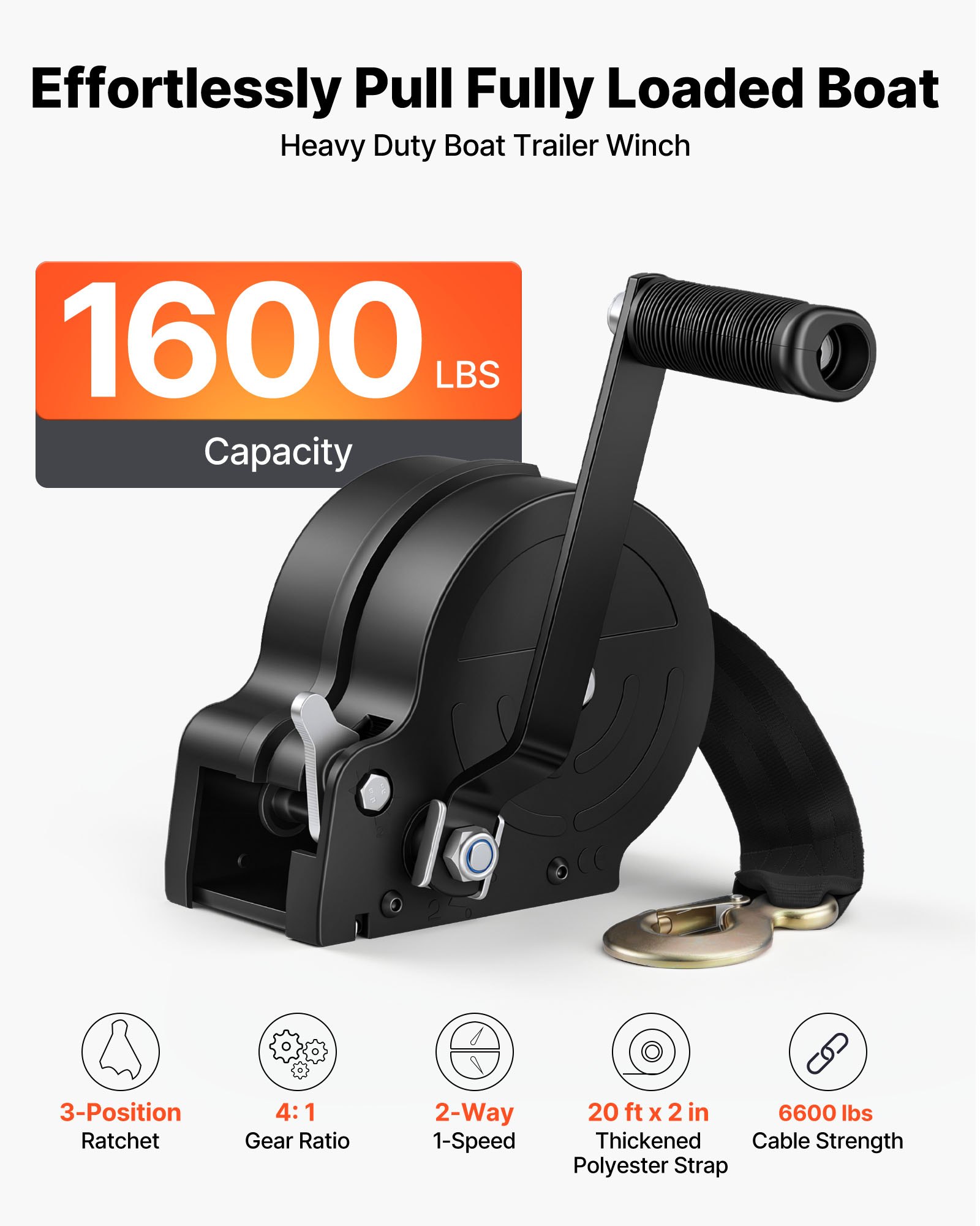 VEVOR Boat Winch, 726 kg Hand Winch, Heavy Duty Manual Rope Crank with 6.1m Orange Polyester Strap, Portable Two-Way Ratchet, 2 Speed Switchable, Anti-Slip Handle Gear for Boat Trailer ATV Towing