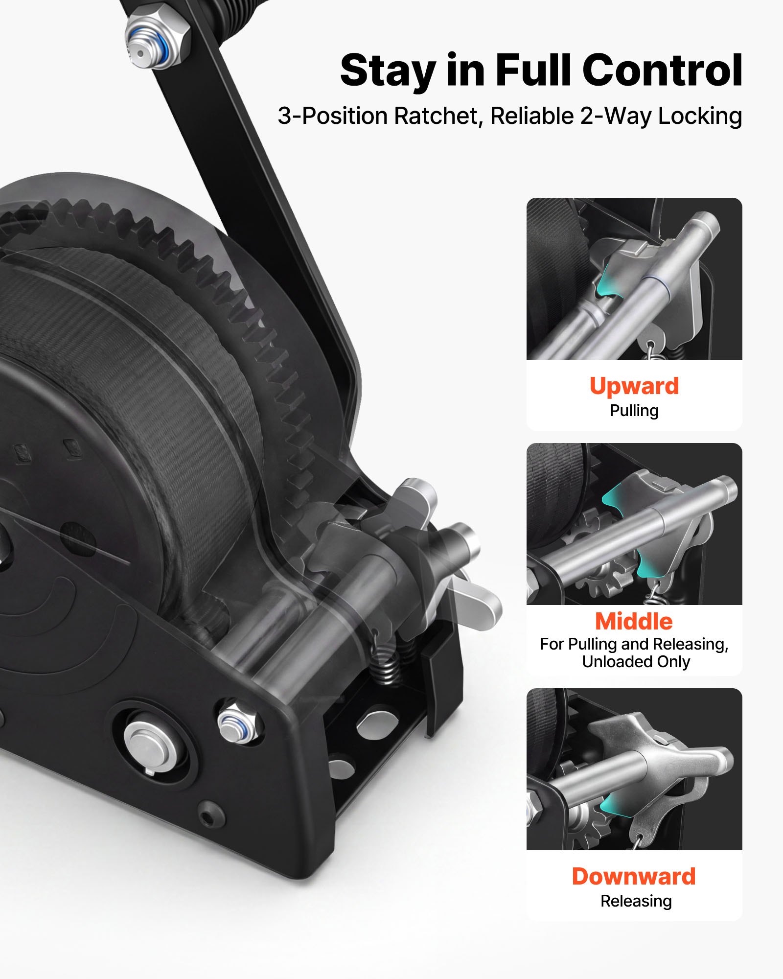 VEVOR Boat Winch, 726 kg Hand Winch, Heavy Duty Manual Rope Crank with 6.1m Orange Polyester Strap, Portable Two-Way Ratchet, 2 Speed Switchable, Anti-Slip Handle Gear for Boat Trailer ATV Towing