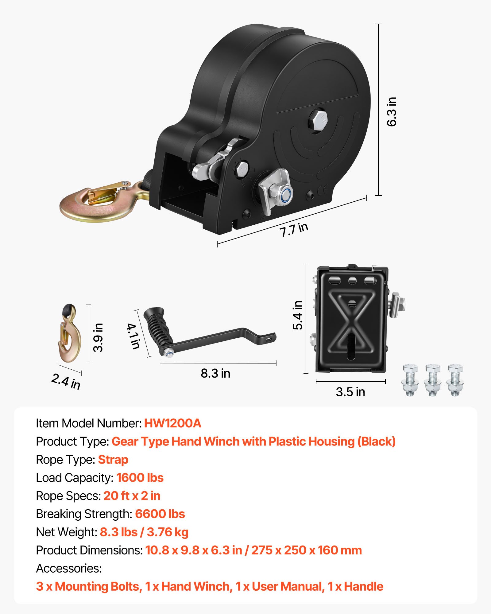 VEVOR Boat Winch, 726 kg Hand Winch, Heavy Duty Manual Rope Crank with 6.1m Orange Polyester Strap, Portable Two-Way Ratchet, 2 Speed Switchable, Anti-Slip Handle Gear for Boat Trailer ATV Towing