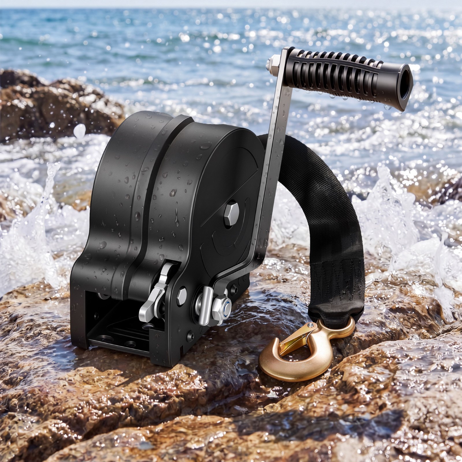 VEVOR Boat Winch, 726 kg Hand Winch, Heavy Duty Manual Rope Crank with 6.1m Orange Polyester Strap, Portable Two-Way Ratchet, 2 Speed Switchable, Anti-Slip Handle Gear for Boat Trailer ATV Towing