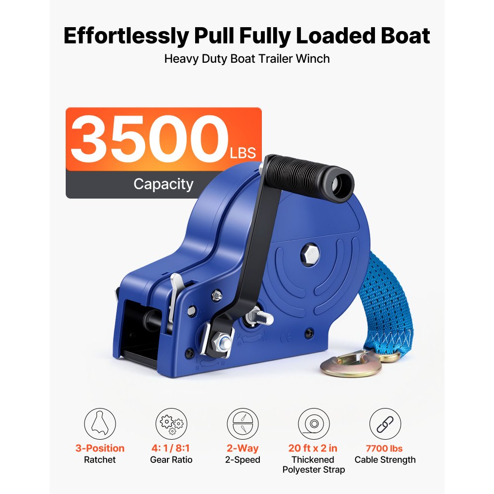 VEVOR Boat Winch, 1588 kg Hand Winch, Heavy Duty Manual Rope Crank with 6.1m Gray-Black Polyester Strap, Portable Two-Way Ratchet, Anti-Slip Handle Gear for Boat Trailer ATV Towing