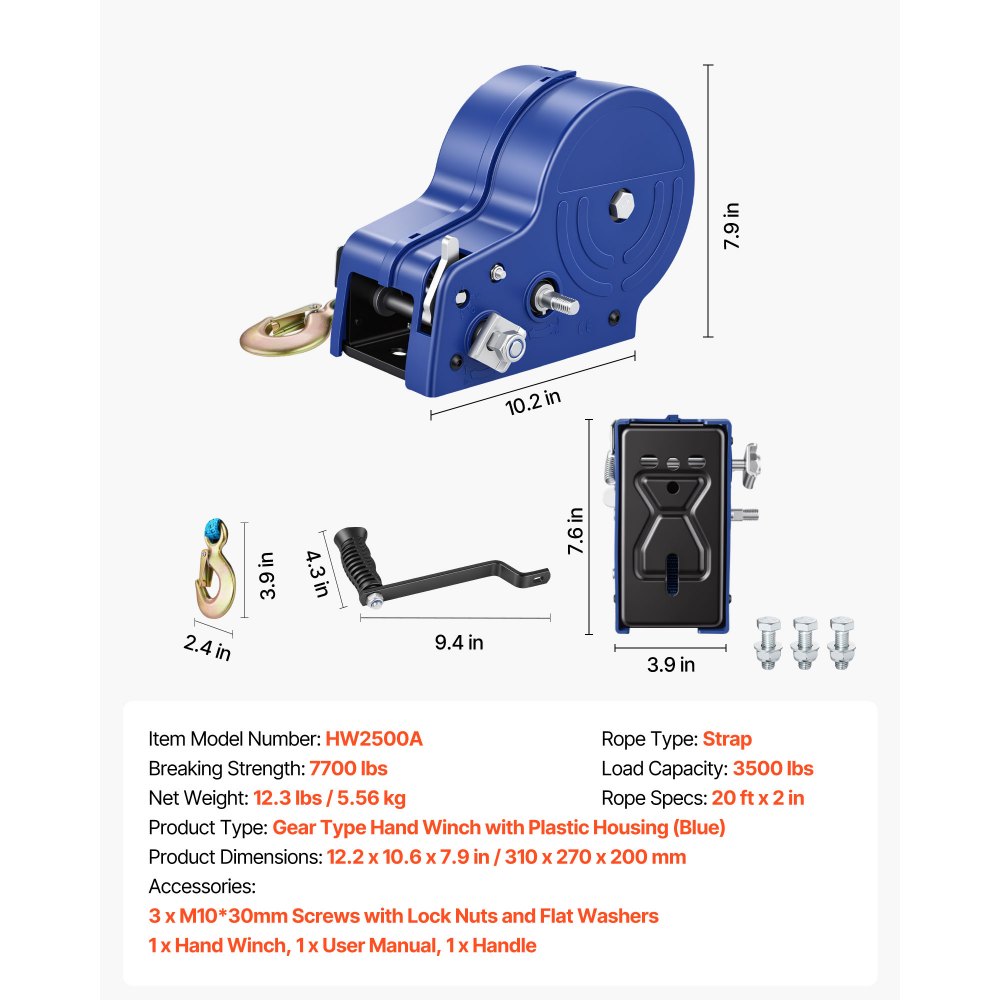 VEVOR Boat Winch, 1588 kg Hand Winch, Heavy Duty Manual Rope Crank with 6.1m Gray-Black Polyester Strap, Portable Two-Way Ratchet, Anti-Slip Handle Gear for Boat Trailer ATV Towing