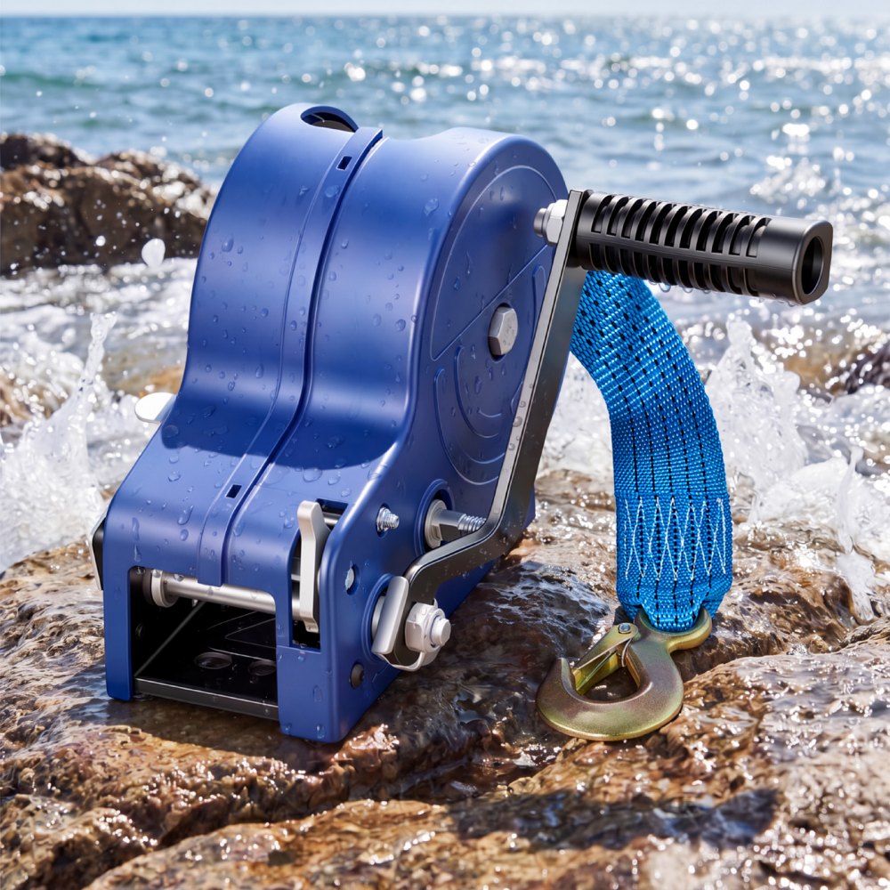 VEVOR Boat Winch, 1588 kg Hand Winch, Heavy Duty Manual Rope Crank with 6.1m Gray-Black Polyester Strap, Portable Two-Way Ratchet, Anti-Slip Handle Gear for Boat Trailer ATV Towing