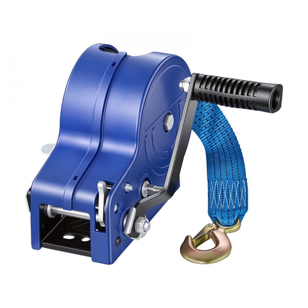 VEVOR Boat Winch, 1588 kg Hand Winch, Heavy Duty Manual Rope Crank with 6.1m Gray-Black Polyester Strap, Portable Two-Way Ratchet, Anti-Slip Handle Gear for Boat Trailer ATV Towing