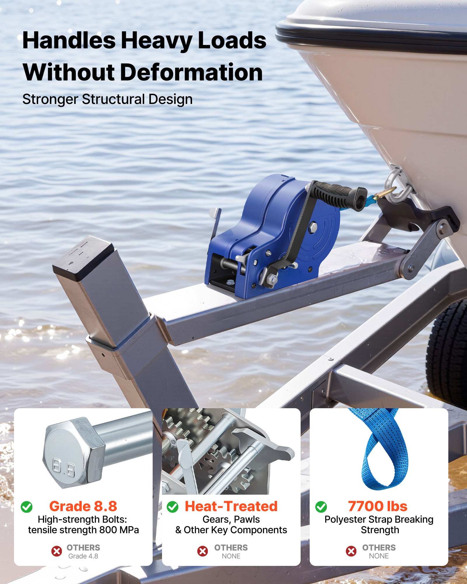VEVOR Boat Winch, 1588 kg Hand Winch, Heavy Duty Manual Rope Crank with 6.1m Gray-Black Polyester Strap, Portable Two-Way Ratchet, Anti-Slip Handle Gear for Boat Trailer ATV Towing