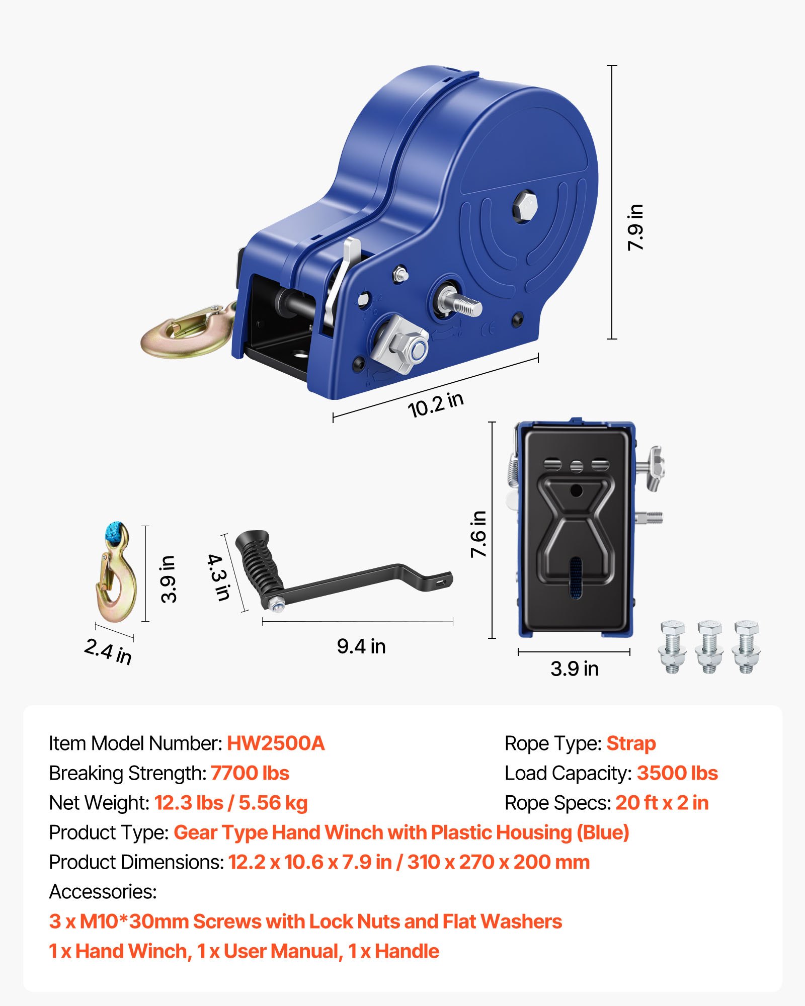 VEVOR Boat Winch, 1588 kg Hand Winch, Heavy Duty Manual Rope Crank with 6.1m Gray-Black Polyester Strap, Portable Two-Way Ratchet, Anti-Slip Handle Gear for Boat Trailer ATV Towing