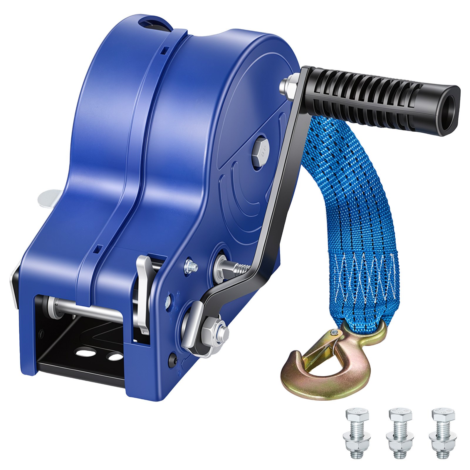 VEVOR Boat Winch, 1588 kg Hand Winch, Heavy Duty Manual Rope Crank with 6.1m Gray-Black Polyester Strap, Portable Two-Way Ratchet, Anti-Slip Handle Gear for Boat Trailer ATV Towing