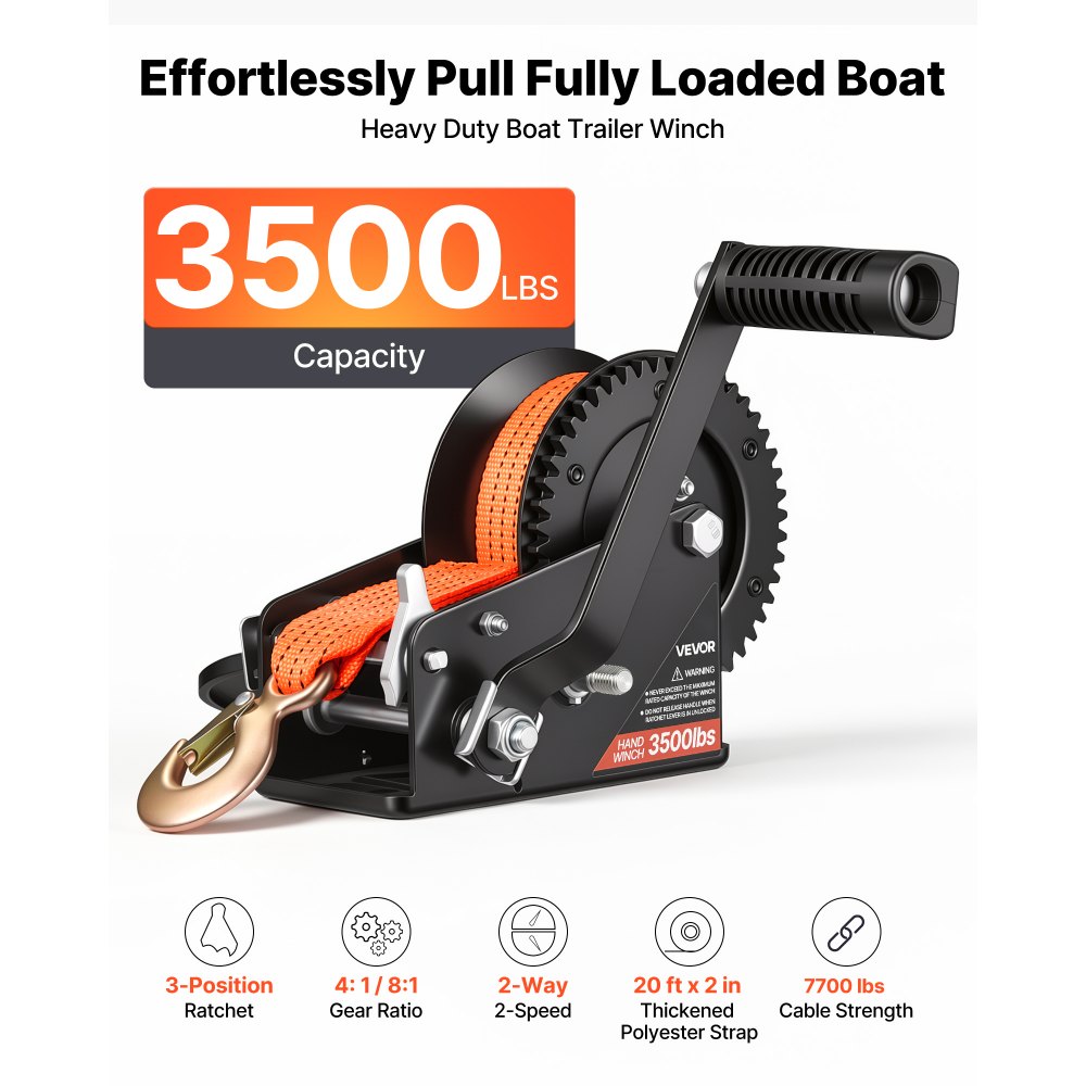 VEVOR Boat Winch, 1588 kg Hand Winch, Heavy Duty Manual Rope Crank with 6.1m Orange Polyester Strap, Portable Two-Way Ratchet, 2 Speed Switchable, Anti-Slip Handle Gear for Boat Trailer ATV Towing