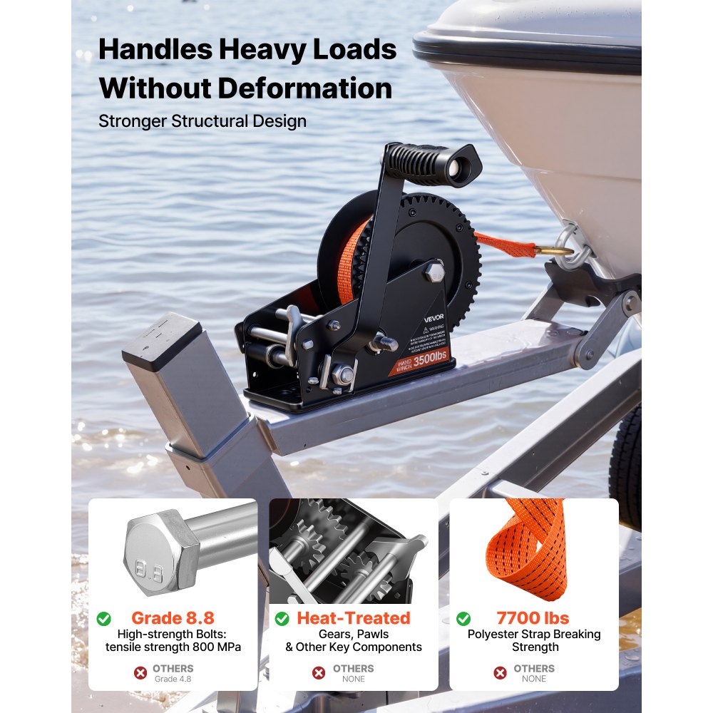VEVOR Boat Winch, 1588 kg Hand Winch, Heavy Duty Manual Rope Crank with 6.1m Orange Polyester Strap, Portable Two-Way Ratchet, 2 Speed Switchable, Anti-Slip Handle Gear for Boat Trailer ATV Towing