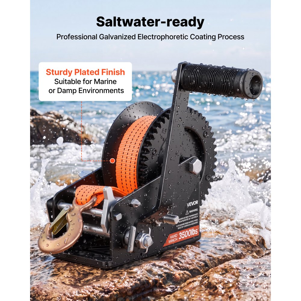 VEVOR Boat Winch, 1588 kg Hand Winch, Heavy Duty Manual Rope Crank with 6.1m Orange Polyester Strap, Portable Two-Way Ratchet, 2 Speed Switchable, Anti-Slip Handle Gear for Boat Trailer ATV Towing