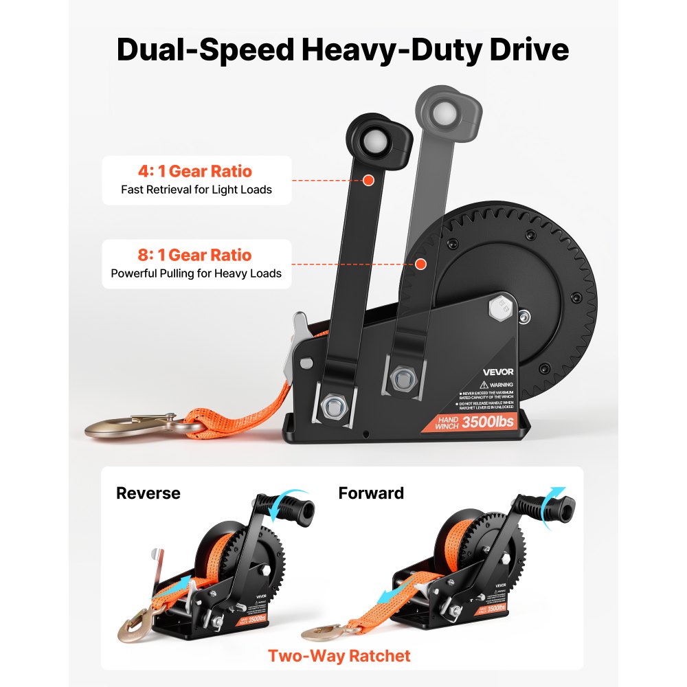 VEVOR Boat Winch, 1588 kg Hand Winch, Heavy Duty Manual Rope Crank with 6.1m Orange Polyester Strap, Portable Two-Way Ratchet, 2 Speed Switchable, Anti-Slip Handle Gear for Boat Trailer ATV Towing