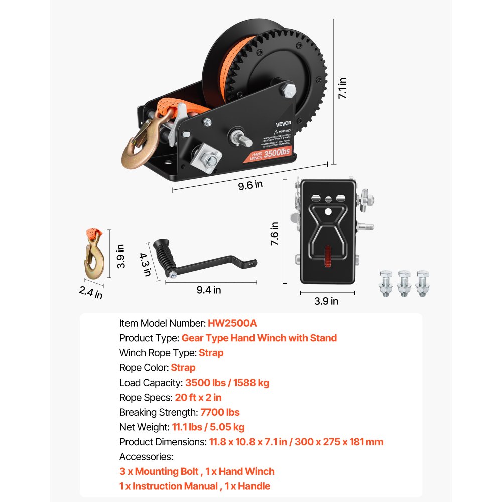 VEVOR Boat Winch, 1588 kg Hand Winch, Heavy Duty Manual Rope Crank with 6.1m Orange Polyester Strap, Portable Two-Way Ratchet, 2 Speed Switchable, Anti-Slip Handle Gear for Boat Trailer ATV Towing