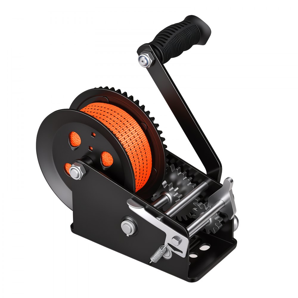 VEVOR Boat Winch, 1588 kg Hand Winch, Heavy Duty Manual Rope Crank with 6.1m Orange Polyester Strap, Portable Two-Way Ratchet, 2 Speed Switchable, Anti-Slip Handle Gear for Boat Trailer ATV Towing