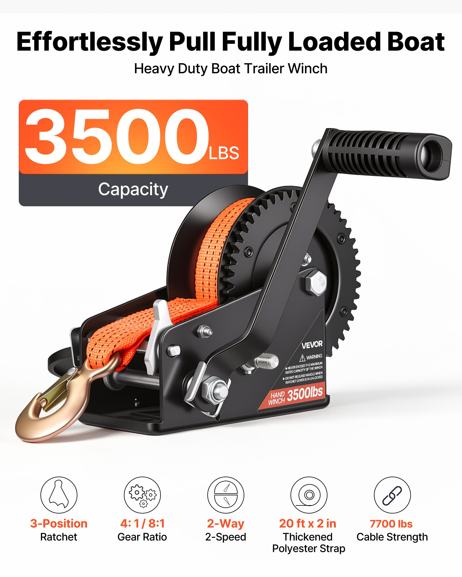 VEVOR Boat Winch, 1588 kg Hand Winch, Heavy Duty Manual Rope Crank with 6.1m Orange Polyester Strap, Portable Two-Way Ratchet, 2 Speed Switchable, Anti-Slip Handle Gear for Boat Trailer ATV Towing