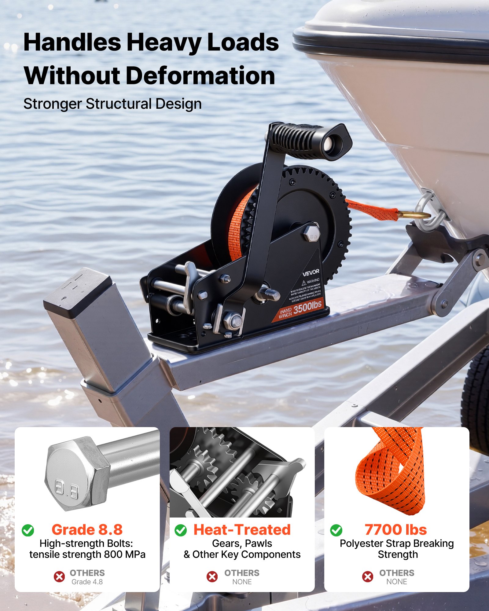 VEVOR Boat Winch, 1588 kg Hand Winch, Heavy Duty Manual Rope Crank with 6.1m Orange Polyester Strap, Portable Two-Way Ratchet, 2 Speed Switchable, Anti-Slip Handle Gear for Boat Trailer ATV Towing