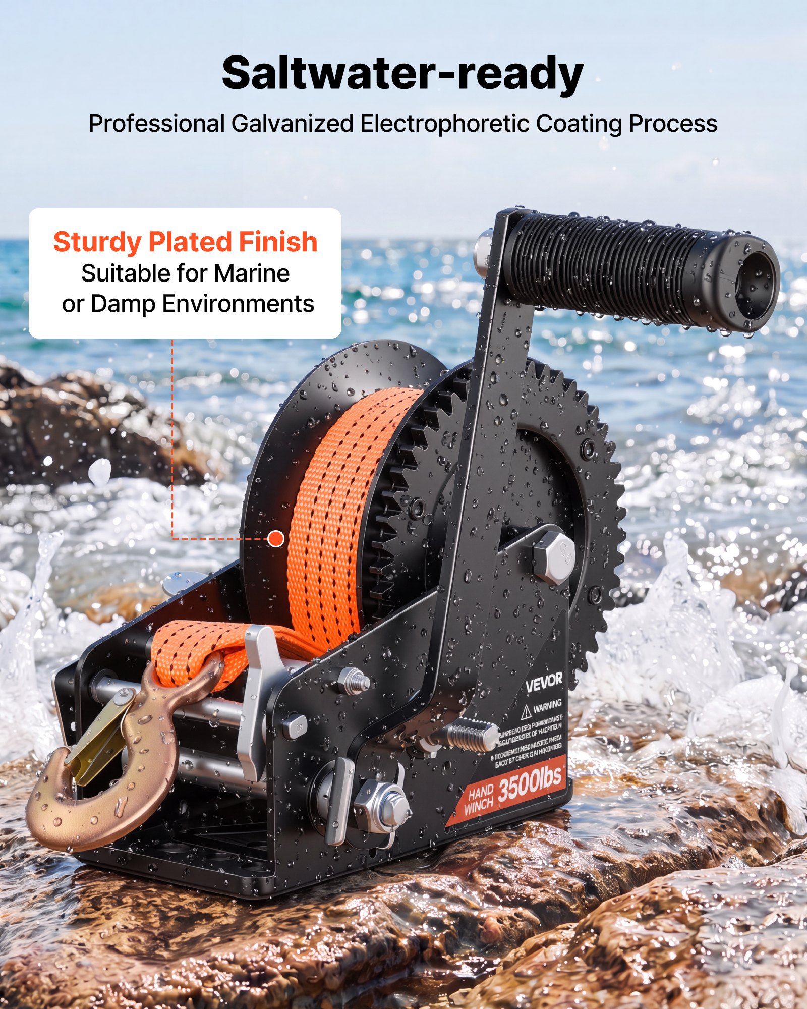 VEVOR Boat Winch, 1588 kg Hand Winch, Heavy Duty Manual Rope Crank with 6.1m Orange Polyester Strap, Portable Two-Way Ratchet, 2 Speed Switchable, Anti-Slip Handle Gear for Boat Trailer ATV Towing
