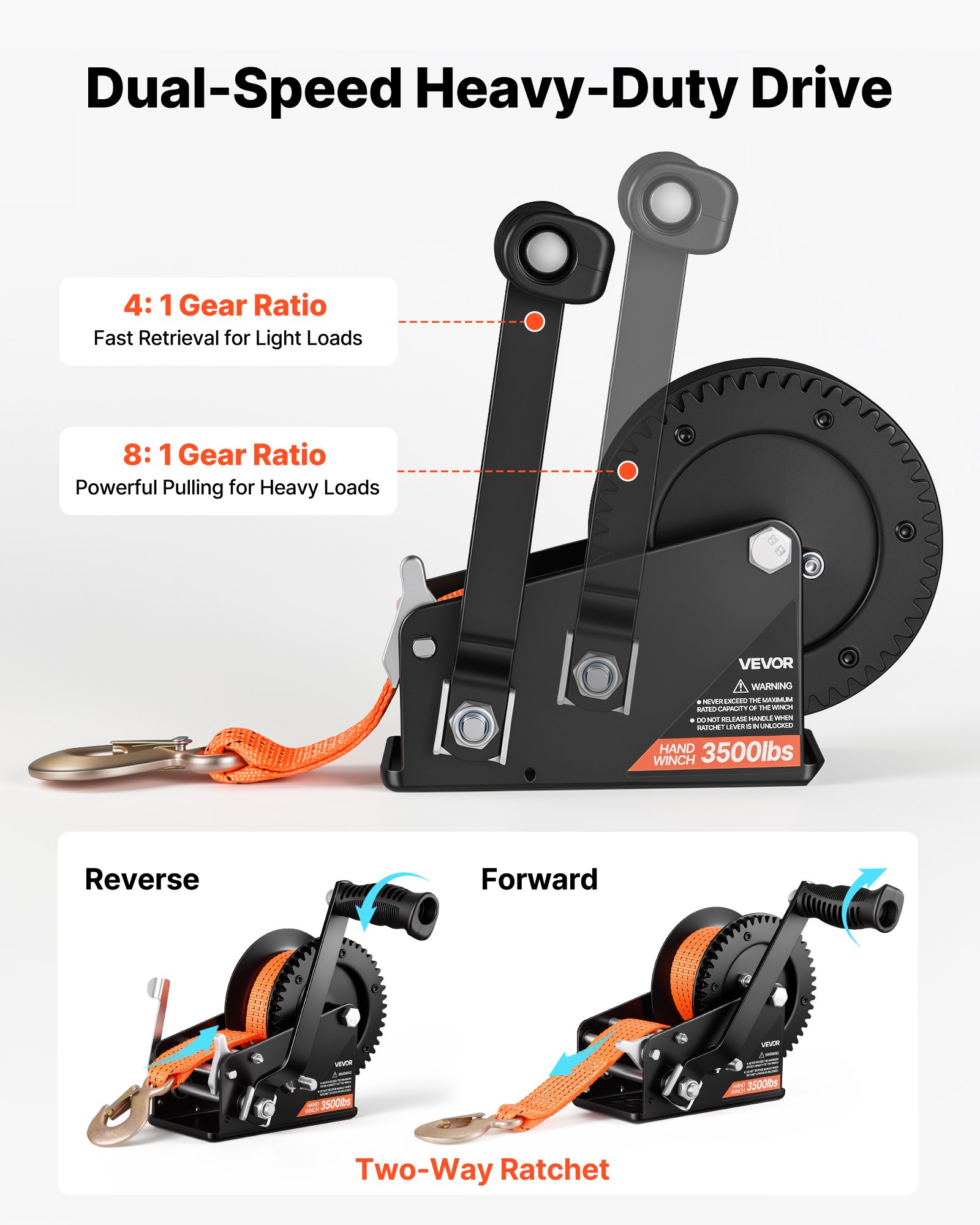 VEVOR Boat Winch, 1588 kg Hand Winch, Heavy Duty Manual Rope Crank with 6.1m Orange Polyester Strap, Portable Two-Way Ratchet, 2 Speed Switchable, Anti-Slip Handle Gear for Boat Trailer ATV Towing