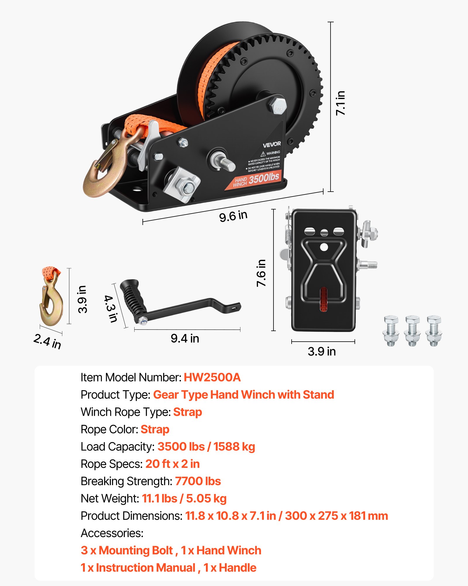 VEVOR Boat Winch, 1588 kg Hand Winch, Heavy Duty Manual Rope Crank with 6.1m Orange Polyester Strap, Portable Two-Way Ratchet, 2 Speed Switchable, Anti-Slip Handle Gear for Boat Trailer ATV Towing