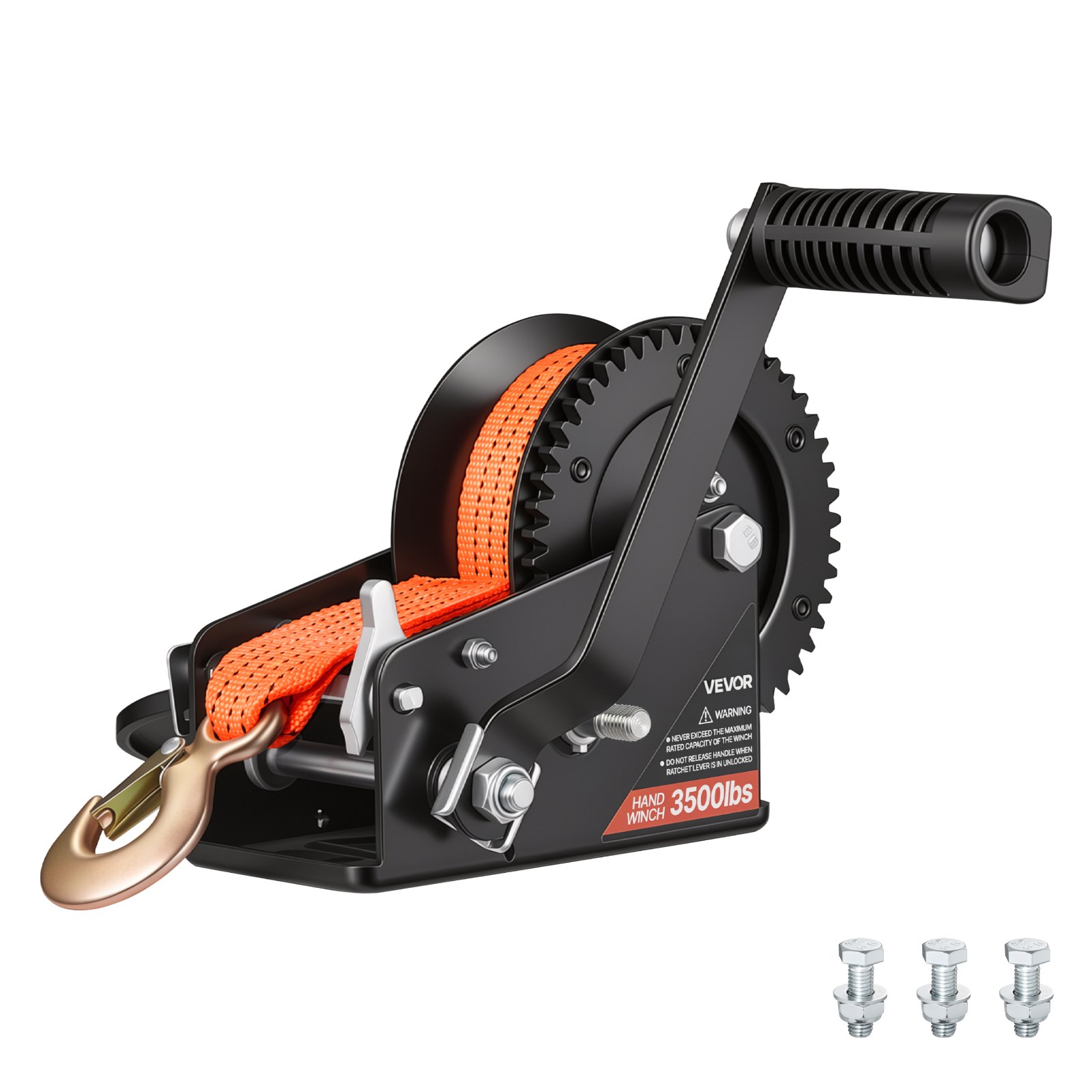 VEVOR Boat Winch, 1588 kg Hand Winch, Heavy Duty Manual Rope Crank with 6.1m Orange Polyester Strap, Portable Two-Way Ratchet, 2 Speed Switchable, Anti-Slip Handle Gear for Boat Trailer ATV Towing
